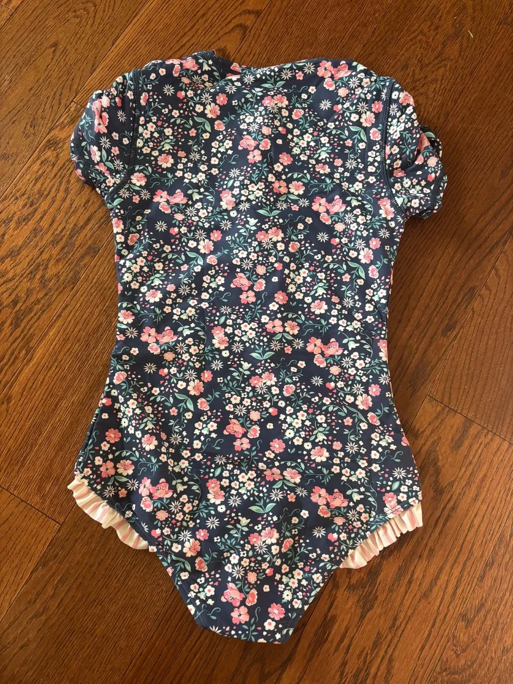 RuffleButts Floral Swimwear Top - Navy with Pink & Mint Flowers